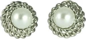 Kenneth Jay Lane Silver Pearl Button Clip-On Earrings with Crystal Details