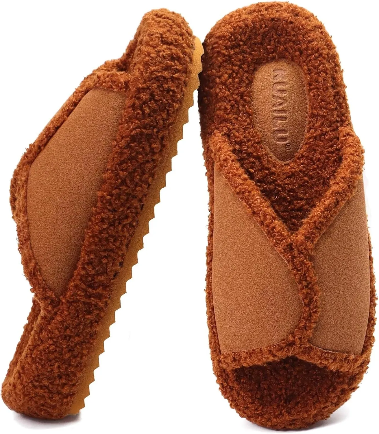 KUAILU Women Cozy Slippers Comfortable Suede Faux Fluff Warm Sherpa Lining House slippers for ladies Bedroom Memory Foam Cushioned Orthotic Open Toe Slides Thick Hard Sole Indoor&Outdoor (US Size 5-11)