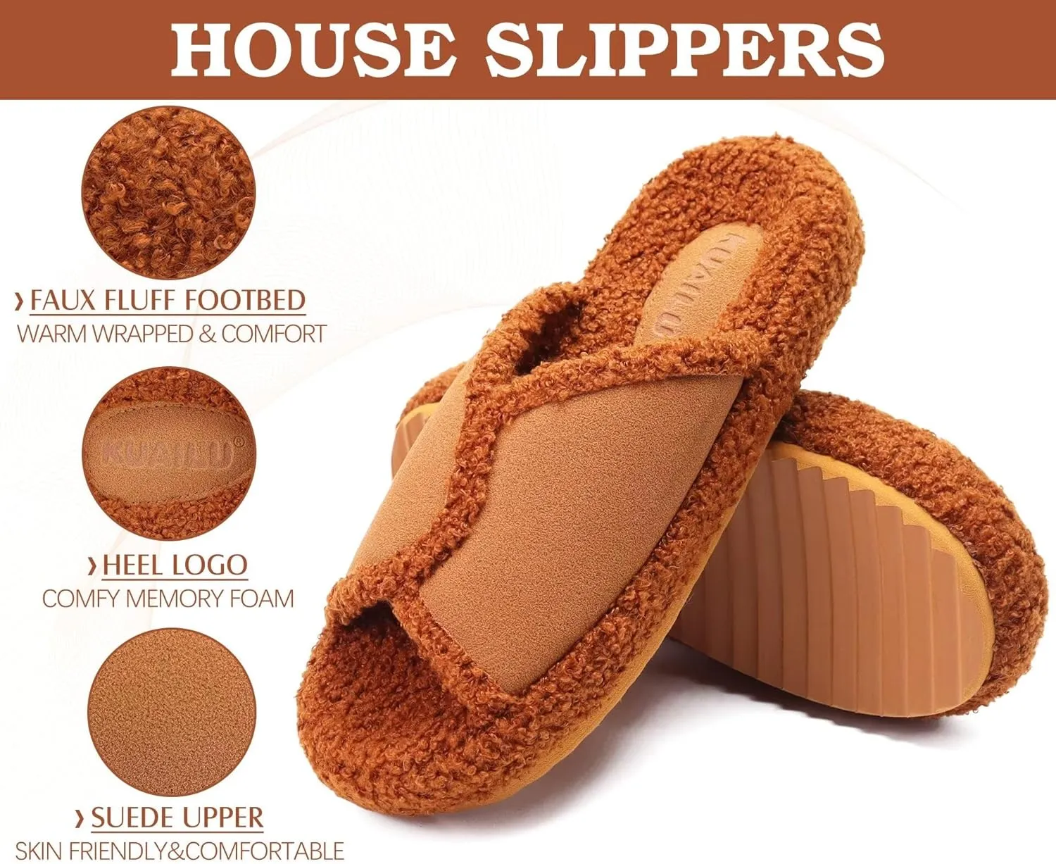 KUAILU Women Cozy Slippers Comfortable Suede Faux Fluff Warm Sherpa Lining House slippers for ladies Bedroom Memory Foam Cushioned Orthotic Open Toe Slides Thick Hard Sole Indoor&Outdoor (US Size 5-11)
