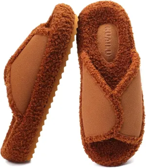 KUAILU Women Cozy Slippers Comfortable Suede Faux Fluff Warm Sherpa Lining House slippers for ladies Bedroom Memory Foam Cushioned Orthotic Open Toe Slides Thick Hard Sole Indoor&Outdoor (US Size 5-11)
