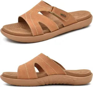 KuaiLu Womens Fashion Orthotic Slides Ladies Athletic Yoga Mat Memory Foam Walking Recovery Sandals Slip On Open Toe Thick Cushion Slippers Comfortable Plantar Fasciitis Arch Support Khaki Size 9