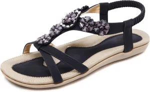 KUNWFNIX Womens Sandals Comfortable Summer Dressy Flat Sandals Bohemian Clip Toe Leather Upholstery T-Strap Flip Flop Thong Sandals