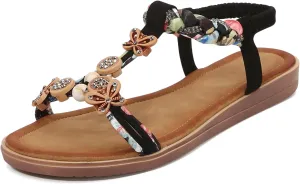 KUNWFNIX Womens Sandals Comfortable Summer Dressy Flat Sandals Bohemian Clip Toe Leather Upholstery T-Strap Flip Flop Thong Sandals