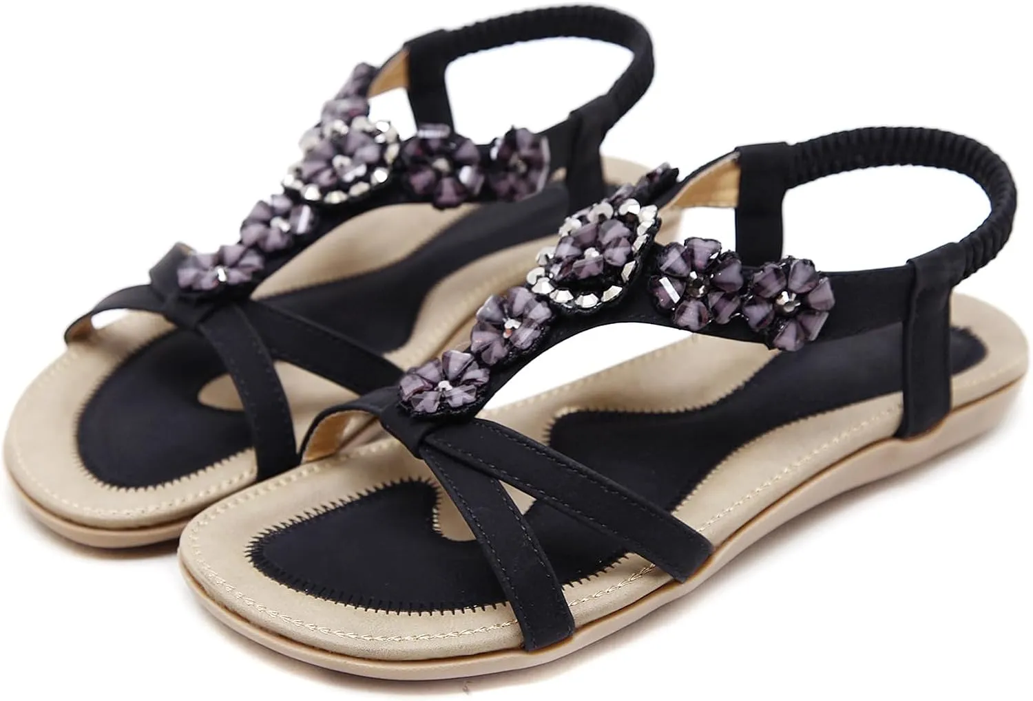 KUNWFNIX Womens Sandals Comfortable Summer Dressy Flat Sandals Bohemian Clip Toe Leather Upholstery T-Strap Flip Flop Thong Sandals