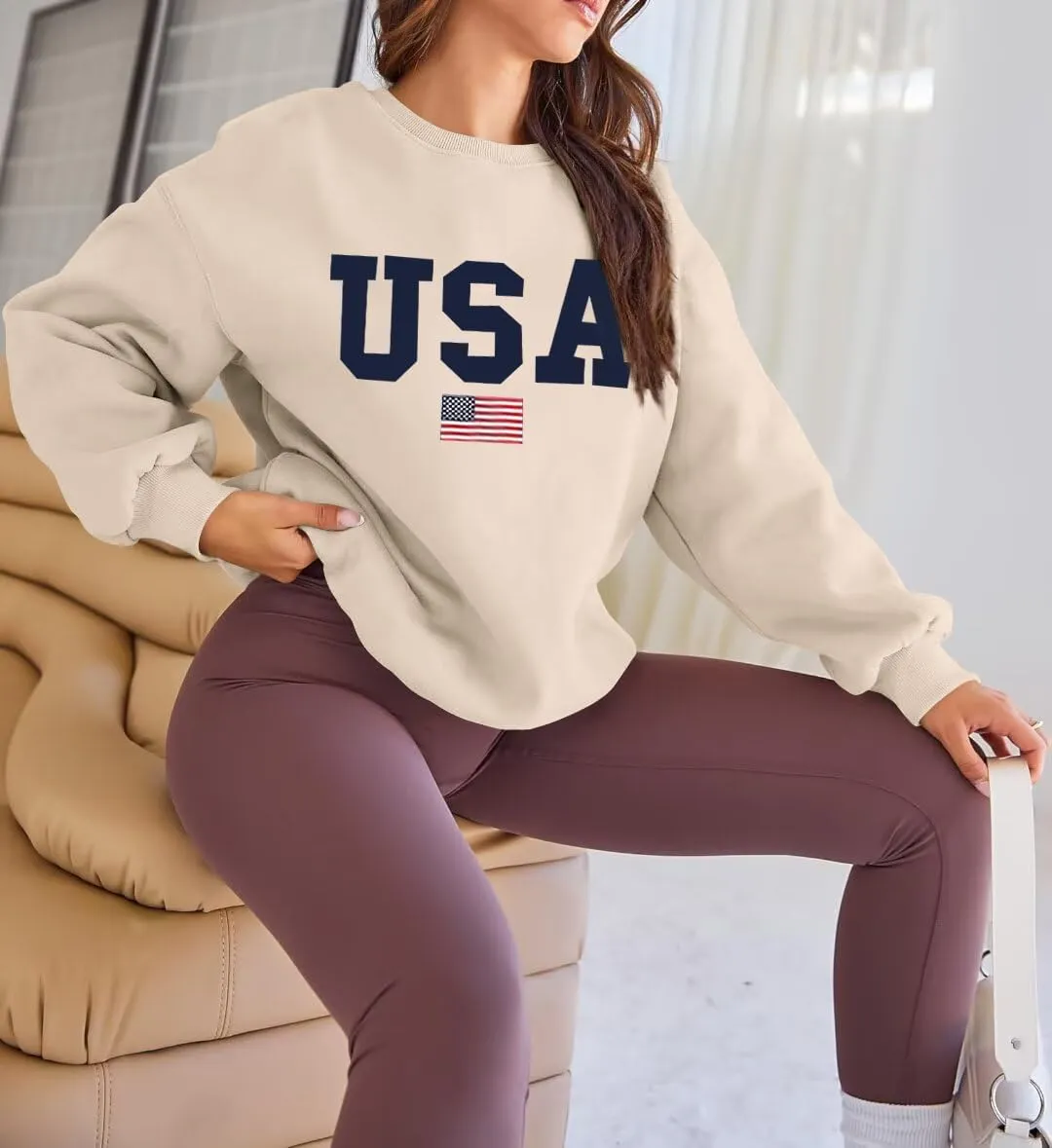 Lacozy Womens Oversized USA Sweatshirts American Flag Crewneck Sweater Long Sleeve Loose Fleece Tops 4th of July Outfits