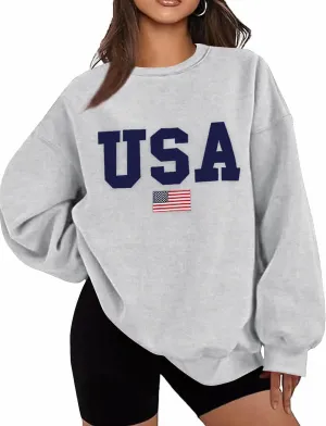Lacozy Womens Oversized USA Sweatshirts American Flag Crewneck Sweater Long Sleeve Loose Fleece Tops 4th of July Outfits