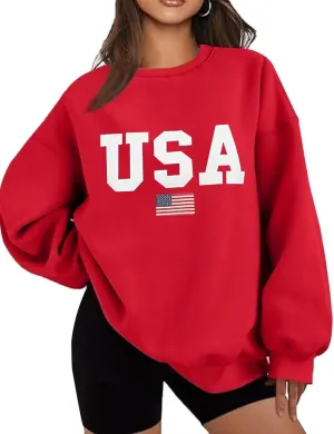 Lacozy Womens Oversized USA Sweatshirts American Flag Crewneck Sweater Long Sleeve Loose Fleece Tops 4th of July Outfits