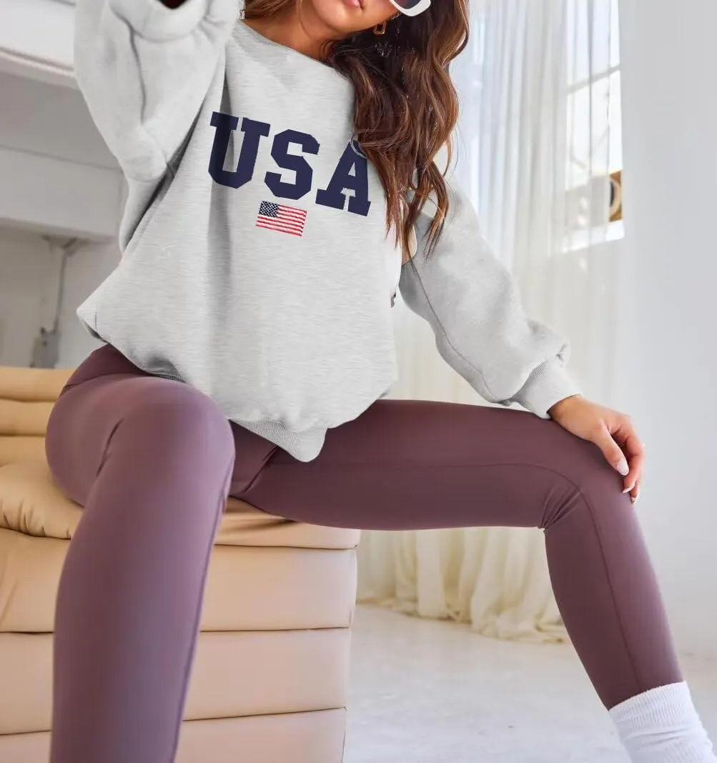 Lacozy Womens Oversized USA Sweatshirts American Flag Crewneck Sweater Long Sleeve Loose Fleece Tops 4th of July Outfits