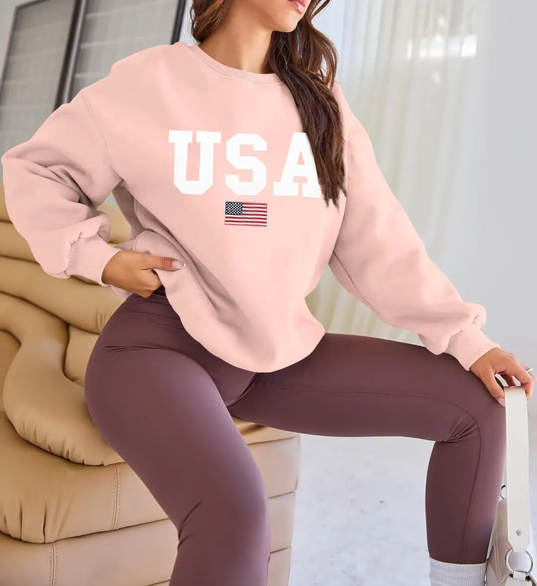 Lacozy Womens Oversized USA Sweatshirts American Flag Crewneck Sweater Long Sleeve Loose Fleece Tops 4th of July Outfits