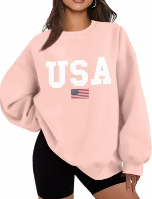 Lacozy Womens Oversized USA Sweatshirts American Flag Crewneck Sweater Long Sleeve Loose Fleece Tops 4th of July Outfits