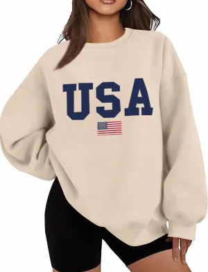 Lacozy Womens Oversized USA Sweatshirts American Flag Crewneck Sweater Long Sleeve Loose Fleece Tops 4th of July Outfits