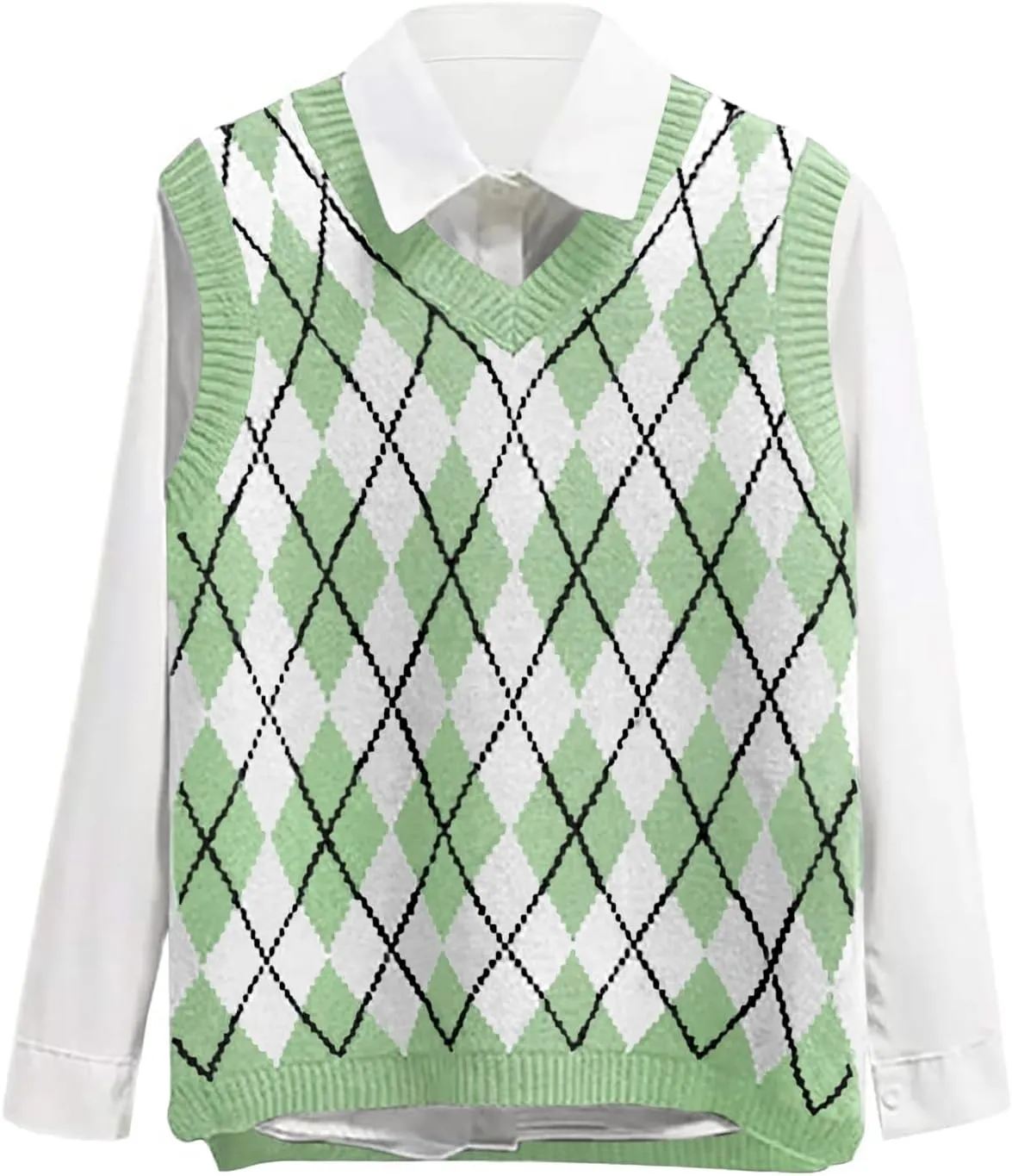 Lailezou Women's V Neck Knit Sweater Vest Argyle Plaid Preppy Style Sleeveless Crop Knitwear Tank