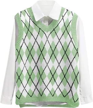 Lailezou Women's V Neck Knit Sweater Vest Argyle Plaid Preppy Style Sleeveless Crop Knitwear Tank