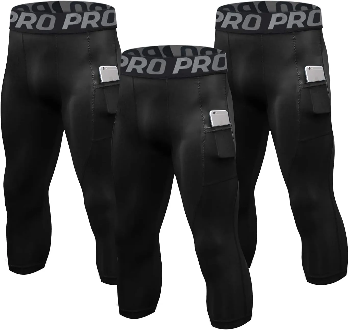 LANDUNSI 3 Pack Mens 3/4 Compression Pants Basketball Running Tights with Pockets Athletic Leggings for Sports Baselayer