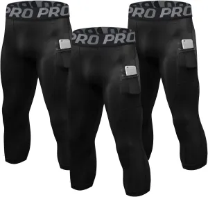 LANDUNSI 3 Pack Mens 3/4 Compression Pants Basketball Running Tights with Pockets Athletic Leggings for Sports Baselayer