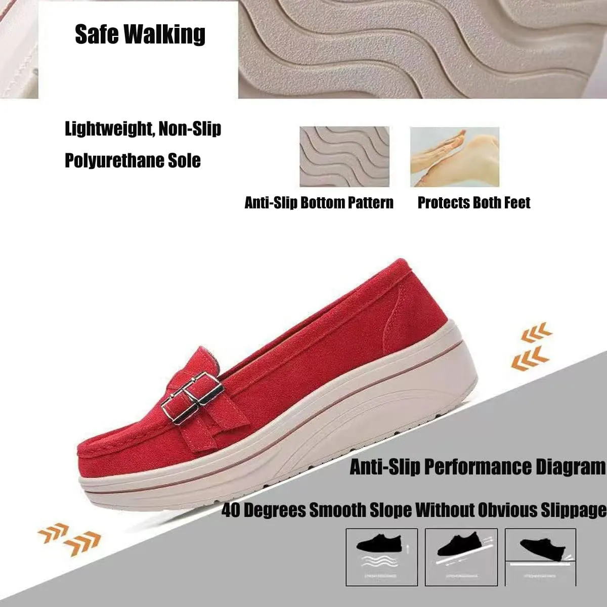 LAVAEGG Women Slip On Loafers,Comfort Suede Moccasins Wide Low Top Shoes,Non-Slip Heightening Wedge Shoes