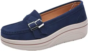 LAVAEGG Women Slip On Loafers,Comfort Suede Moccasins Wide Low Top Shoes,Non-Slip Heightening Wedge Shoes