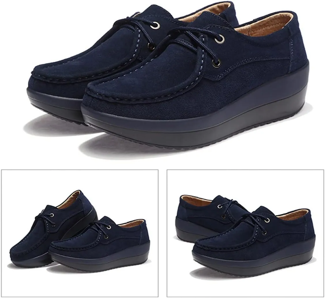 LAVAEGG Women Slip On Loafers,Comfort Suede Moccasins Wide Low Top Shoes,Non-Slip Heightening Wedge Shoes