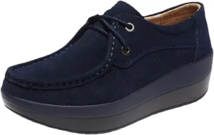 LAVAEGG Women Slip On Loafers,Comfort Suede Moccasins Wide Low Top Shoes,Non-Slip Heightening Wedge Shoes