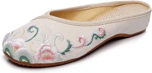 Lightweight Women's Canvas Slippers Cute Comfy Embroidered Backless Mules Flats Casual Walking House Sandals Shoes