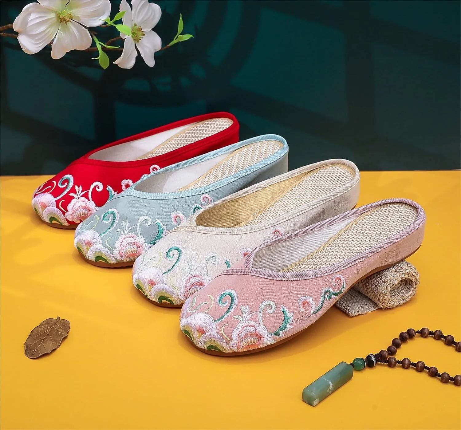 Lightweight Women's Canvas Slippers Cute Comfy Embroidered Backless Mules Flats Casual Walking House Sandals Shoes