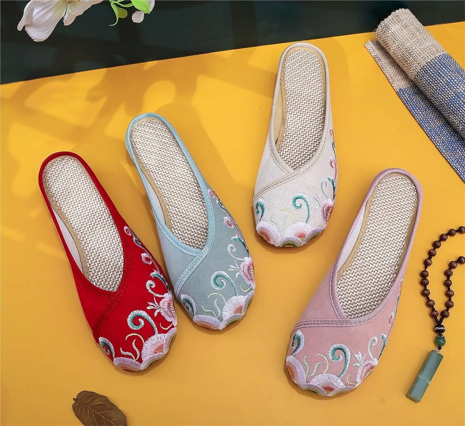 Lightweight Women's Canvas Slippers Cute Comfy Embroidered Backless Mules Flats Casual Walking House Sandals Shoes