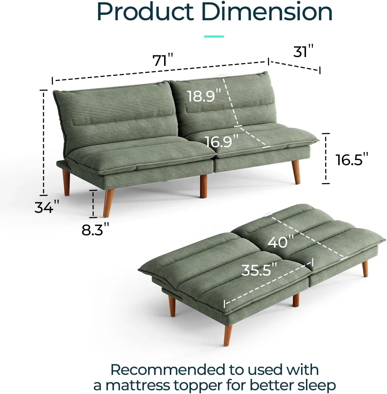 LINSY Futon Sofa Bed: Corduroy Futon Couch with Adjustable Backrest, Comfy Loveseat Convertible Folding Sleeper Sofa Couches for Small Spaces Living Rooms Apartment Office, Green