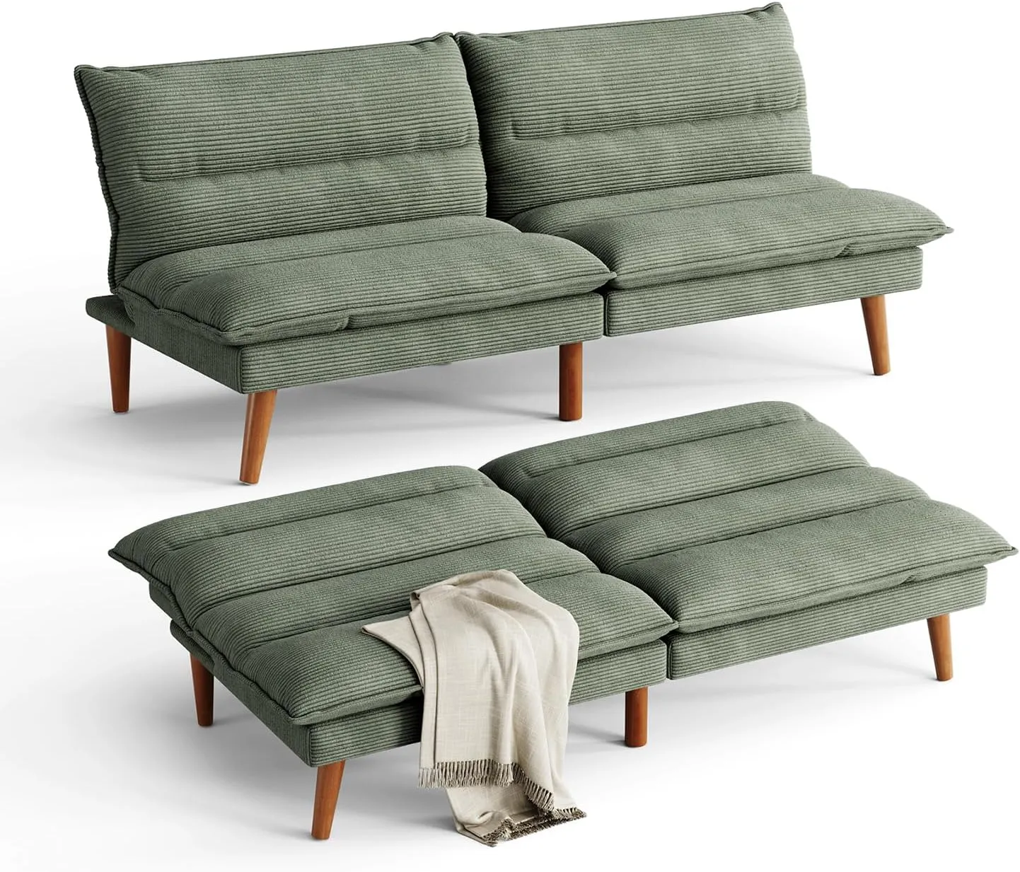 LINSY Futon Sofa Bed: Corduroy Futon Couch with Adjustable Backrest, Comfy Loveseat Convertible Folding Sleeper Sofa Couches for Small Spaces Living Rooms Apartment Office, Green