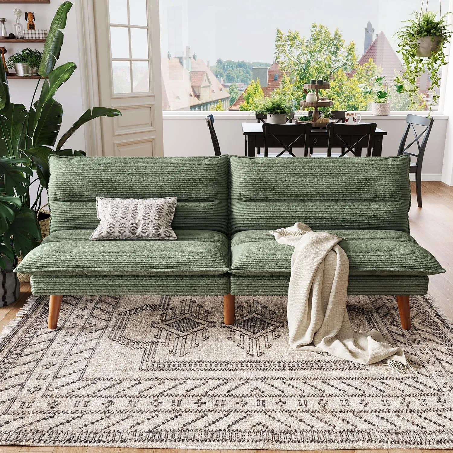 LINSY Futon Sofa Bed: Corduroy Futon Couch with Adjustable Backrest, Comfy Loveseat Convertible Folding Sleeper Sofa Couches for Small Spaces Living Rooms Apartment Office, Green