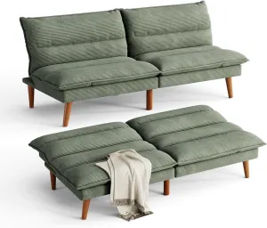 LINSY Futon Sofa Bed: Corduroy Futon Couch with Adjustable Backrest, Comfy Loveseat Convertible Folding Sleeper Sofa Couches for Small Spaces Living Rooms Apartment Office, Green