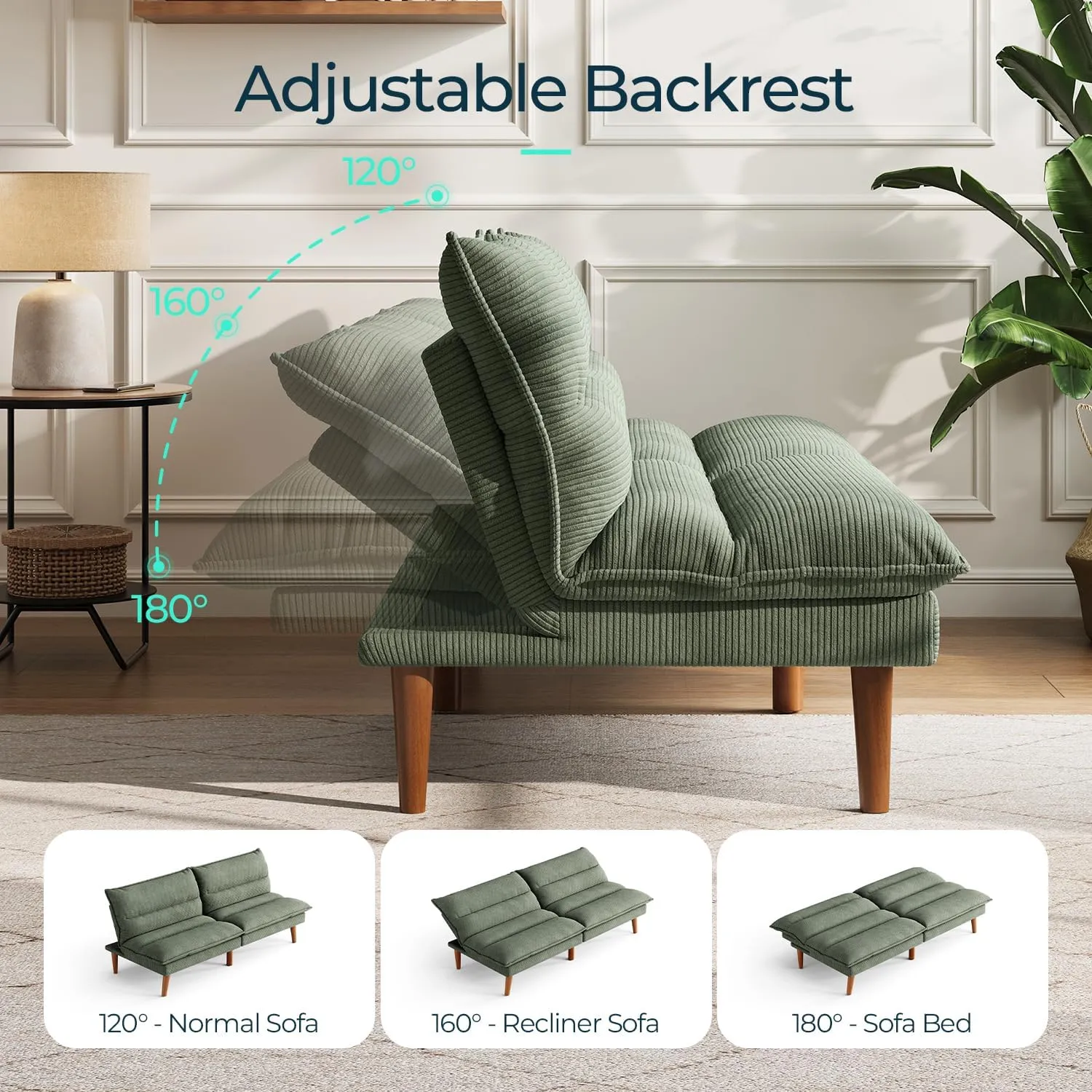 LINSY Futon Sofa Bed: Corduroy Futon Couch with Adjustable Backrest, Comfy Loveseat Convertible Folding Sleeper Sofa Couches for Small Spaces Living Rooms Apartment Office, Green