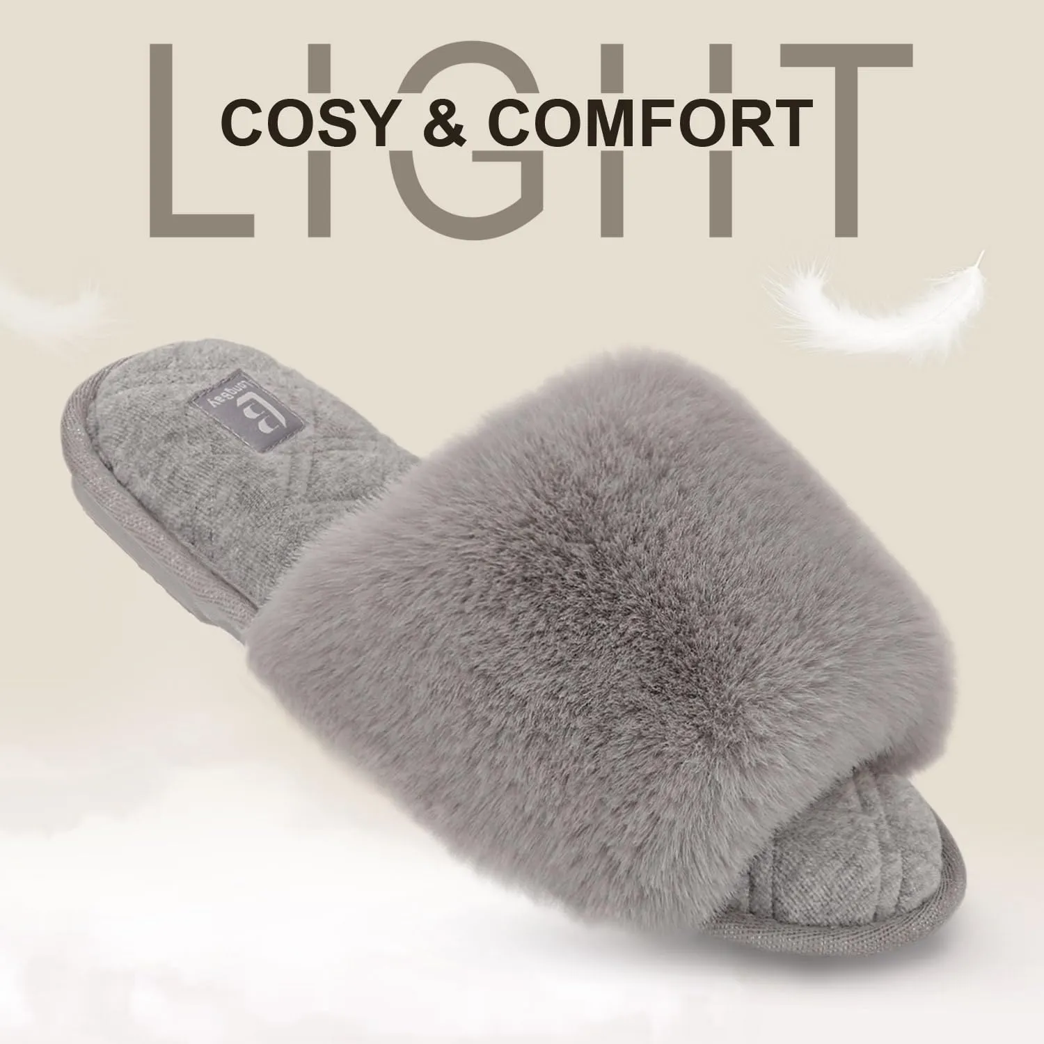 LongBay Women's Fuzzy Faux Fur Memory Foam Cozy Flat Spa Slide Slippers Comfy Open Toe Slip On House Shoes Sandals
