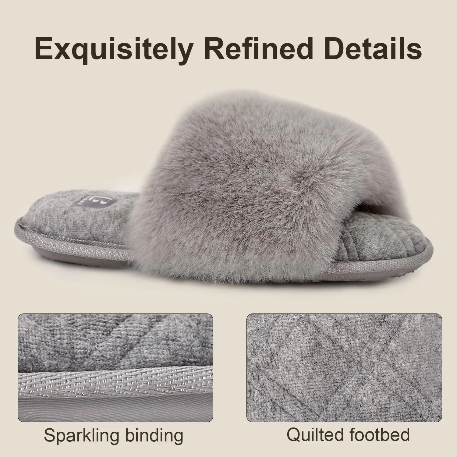 LongBay Women's Fuzzy Faux Fur Memory Foam Cozy Flat Spa Slide Slippers Comfy Open Toe Slip On House Shoes Sandals