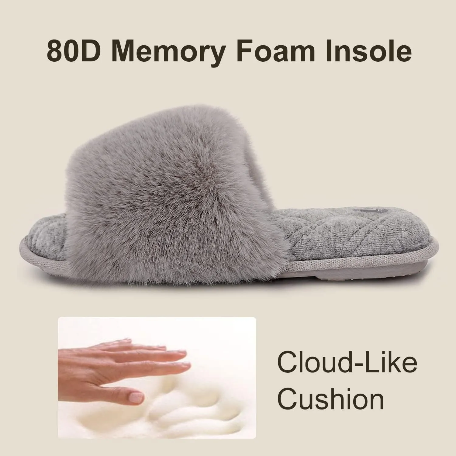 LongBay Women's Fuzzy Faux Fur Memory Foam Cozy Flat Spa Slide Slippers Comfy Open Toe Slip On House Shoes Sandals