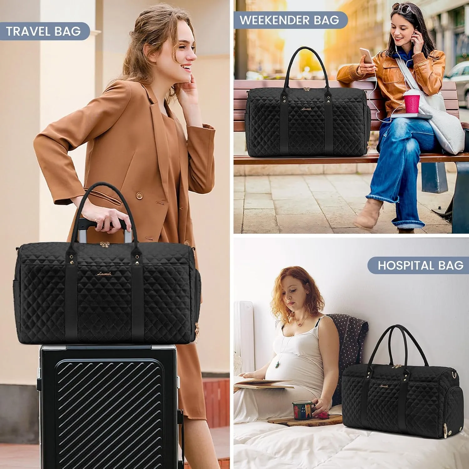 LOVEVOOK Travel Duffle Bag,Carry on Overnight Bag with Shoe Compartment,Weekender Bags for Women with Toiletry Bag,Gym Duffel Bag with Wet Pocket,Hospital Bags for Labor and Delivery