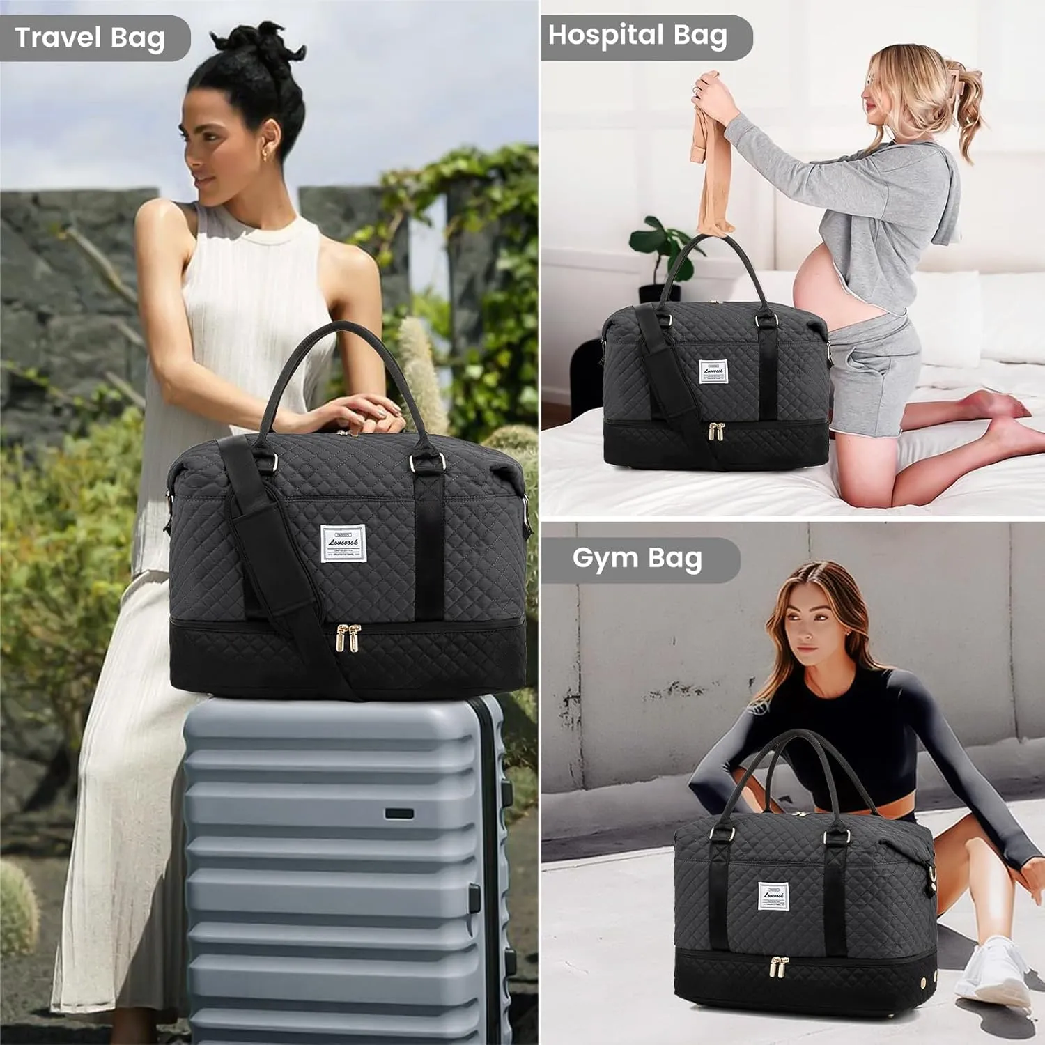 LOVEVOOK Travel Weekender Bag for Women, Carry on Overnight with Shoe Compartment, Travel Duffle Women, Yoga Gym Duffel with Wet Pocket, Hospital Bags for Labor and Delivery, 3 Pcs Set