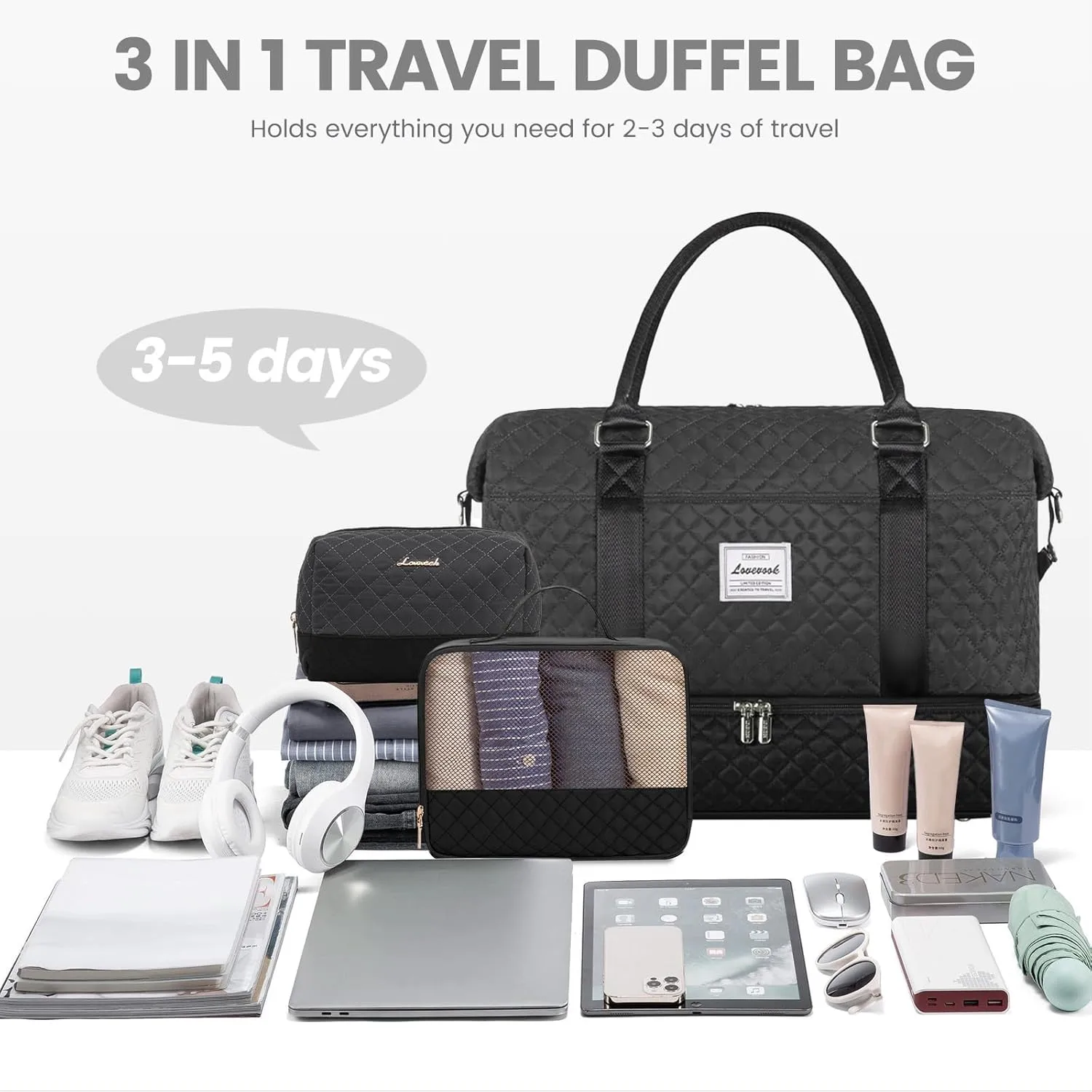 LOVEVOOK Travel Weekender Bag for Women, Carry on Overnight with Shoe Compartment, Travel Duffle Women, Yoga Gym Duffel with Wet Pocket, Hospital Bags for Labor and Delivery, 3 Pcs Set