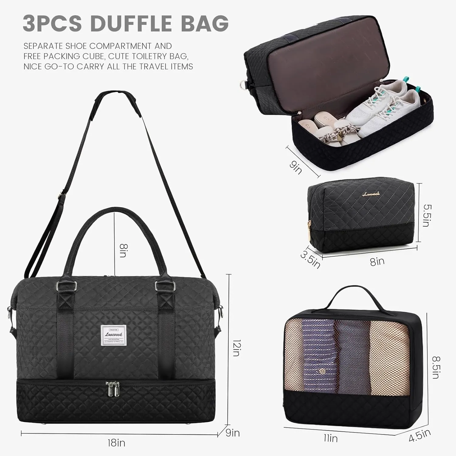 LOVEVOOK Travel Weekender Bag for Women, Carry on Overnight with Shoe Compartment, Travel Duffle Women, Yoga Gym Duffel with Wet Pocket, Hospital Bags for Labor and Delivery, 3 Pcs Set