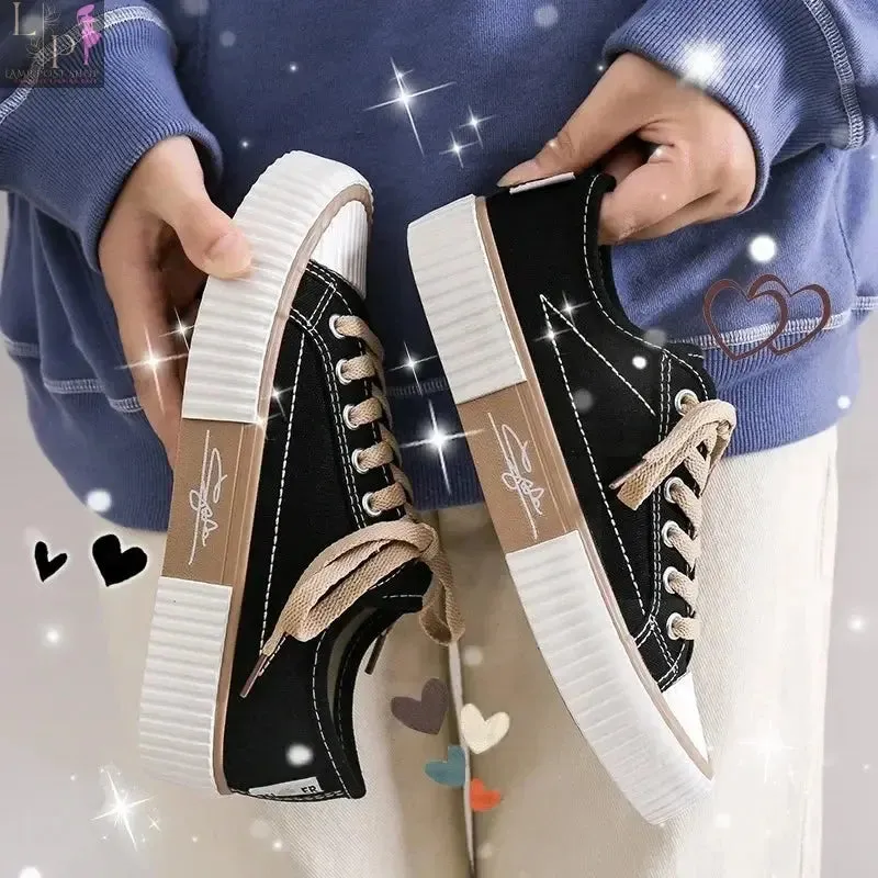 Low-top Canvas Shoes Women's Sneaker Lace up Flat Casual Shoes Fashion Breathable Running Shoes Soft Botton Vulcanize Shoe