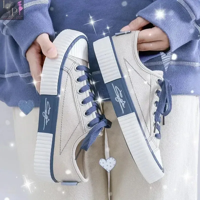 Low-top Canvas Shoes Women's Sneaker Lace up Flat Casual Shoes Fashion Breathable Running Shoes Soft Botton Vulcanize Shoe
