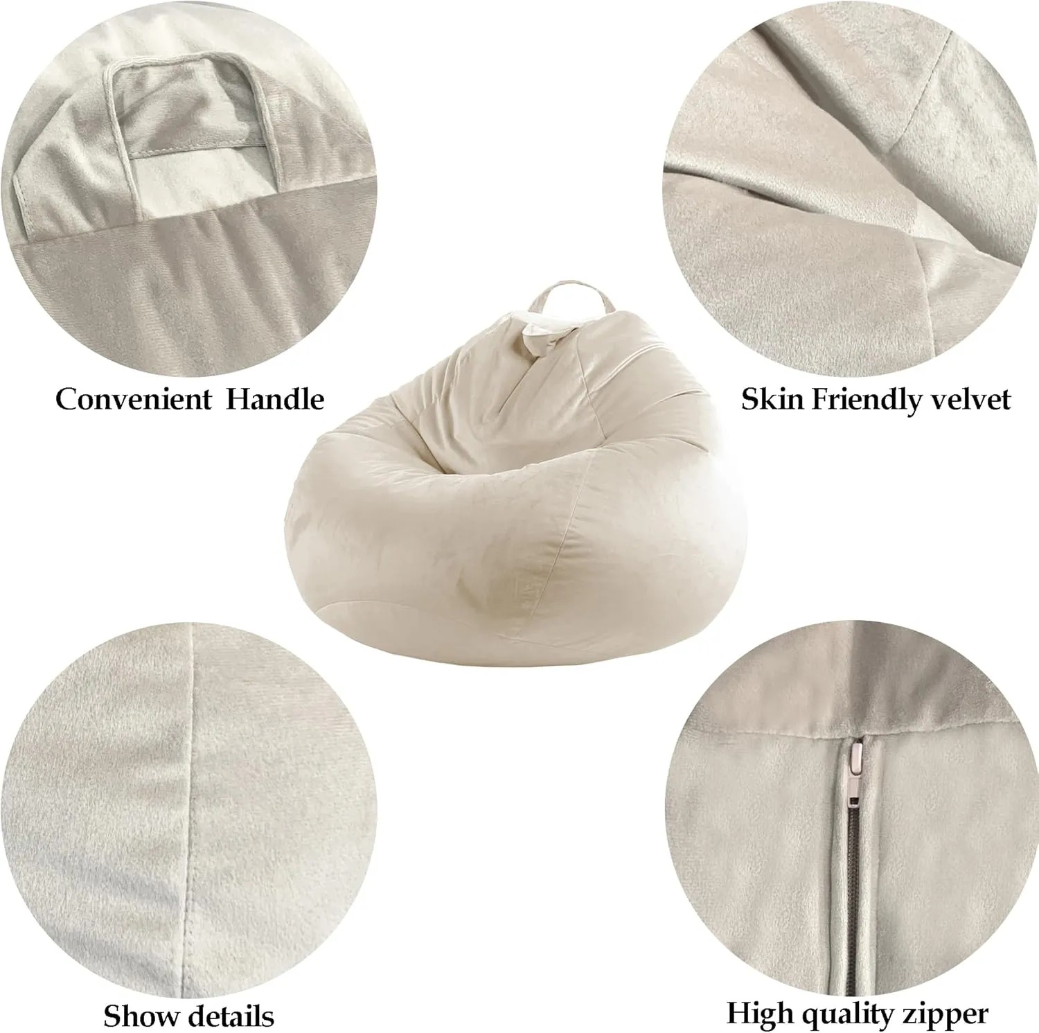 LPMOERA Stuffed Animal Storage Bean Bag Chair Cover (No Filler) Zipper Soft Fuzzy Fluffy Stuffable Bean Bag Cover for Organizing Children Plush Toys or Memory Cream White Large