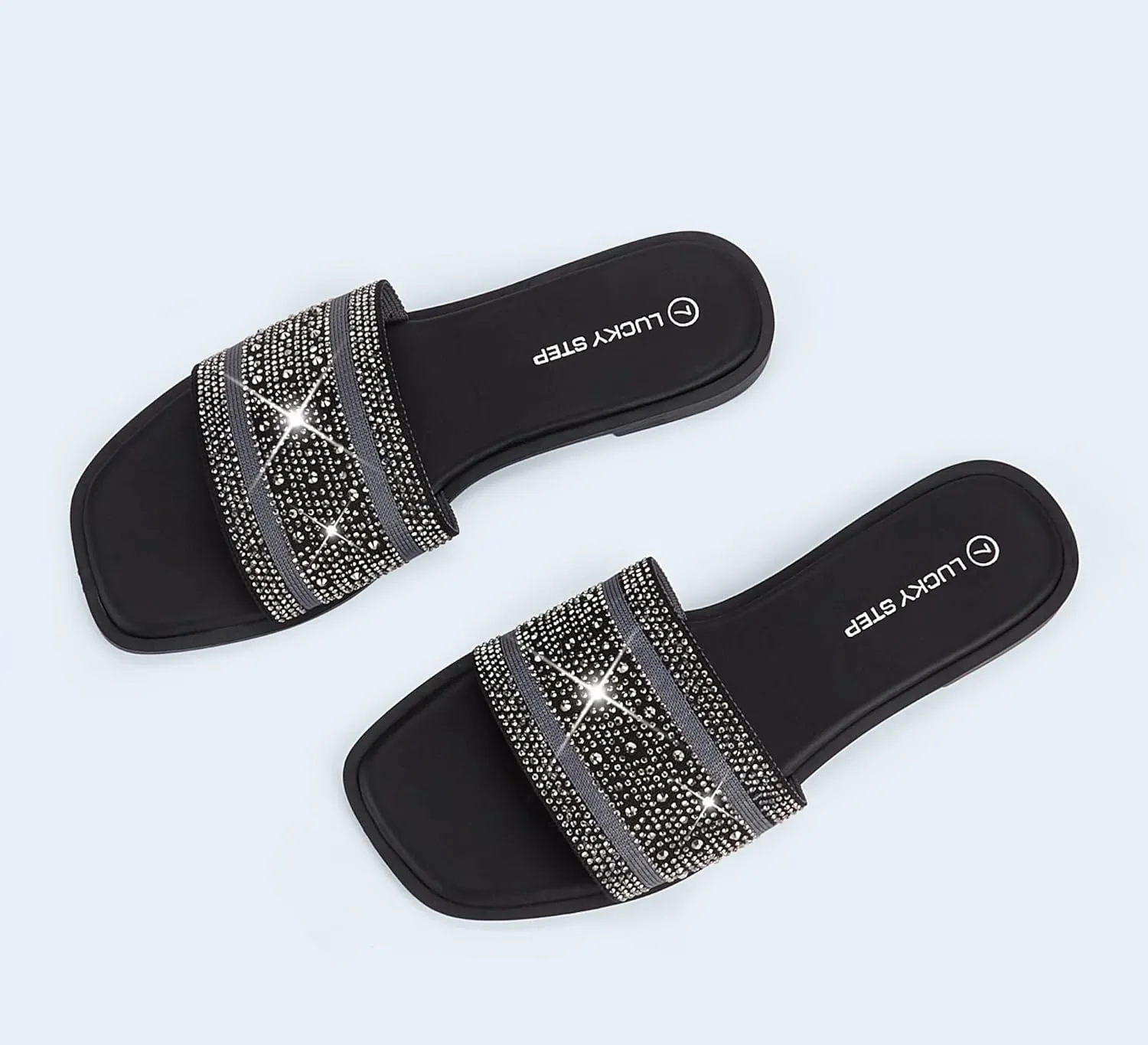 LUCKY STEP Women's Rhinestone Flat Sandals Square Open Toe Sparkly Glitter Fashion Braided Slide Sandals Summer