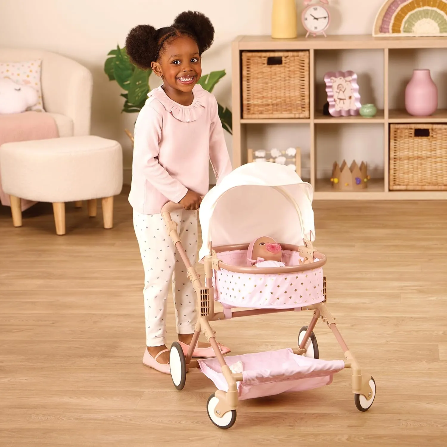 LullaBaby – Twin Doll Stroller – Pink Toy Stroller With Gold Stars – Foldable Canopy, Swivel Wheels & Storage Basket – Baby Doll Accessories – Toys For Kids Ages 2 & Up – Double Doll Stroller