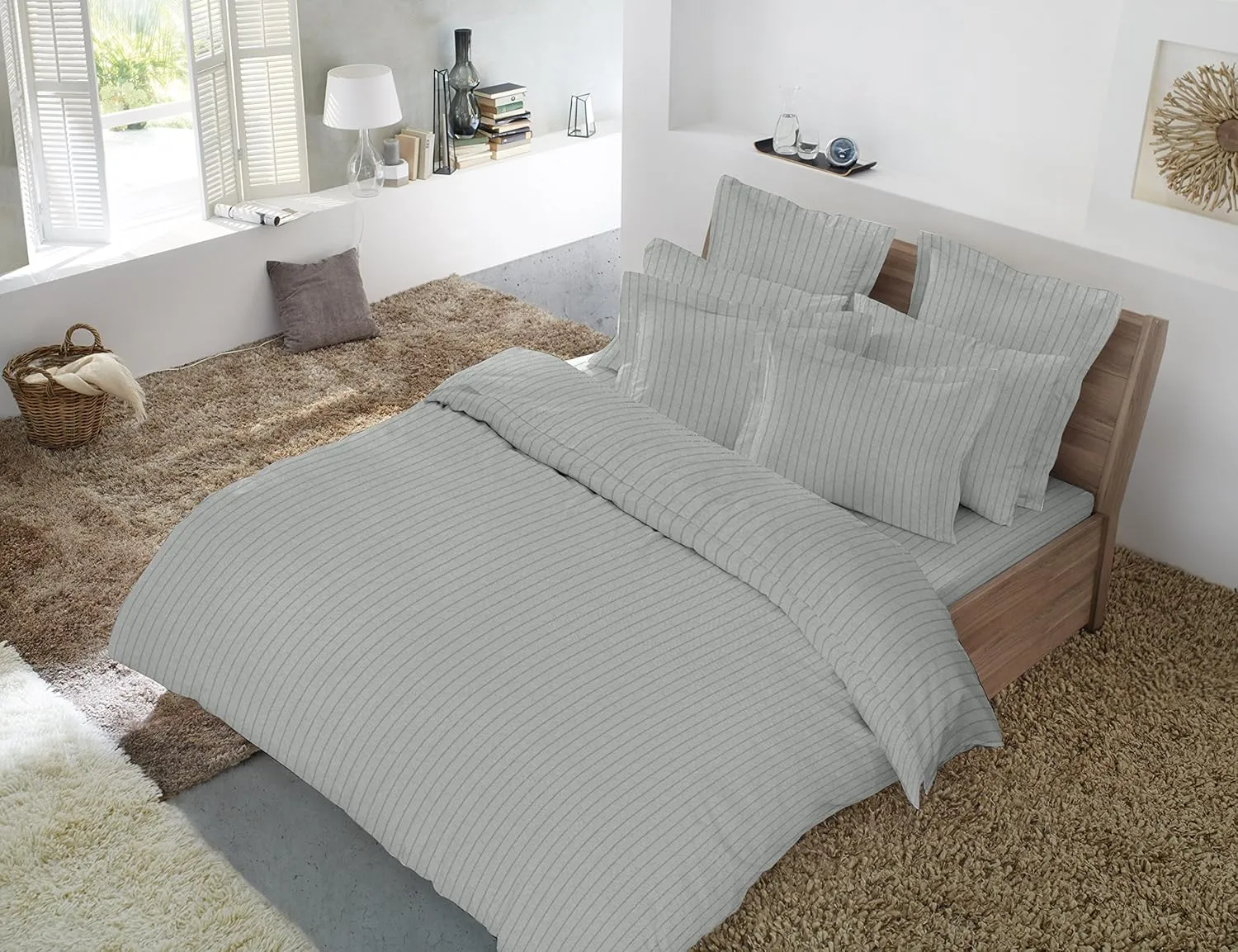 Luxury German Flannel Sheets & Pillowcases Set, 4 Piece (Heather Grey Pinstripe, King)