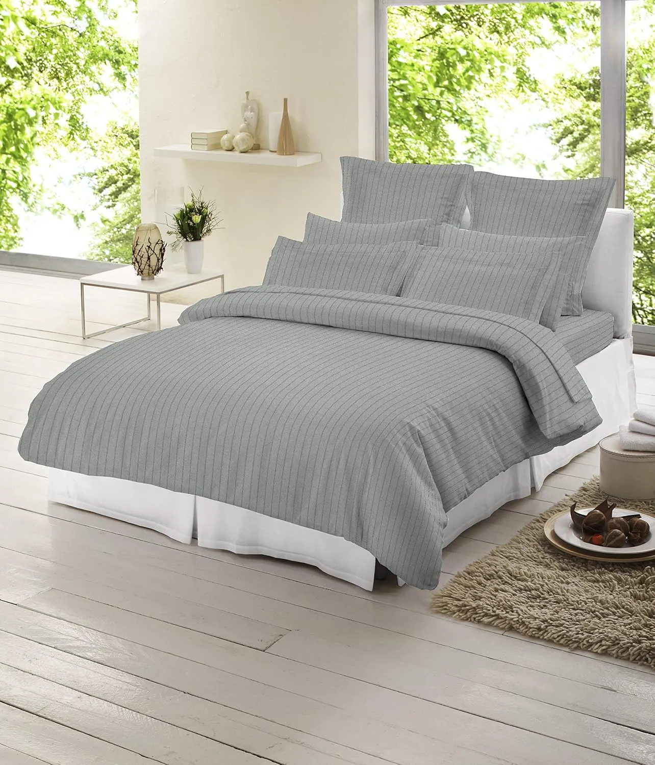 Luxury German Flannel Sheets & Pillowcases Set, 4 Piece (Heather Grey Pinstripe, King)