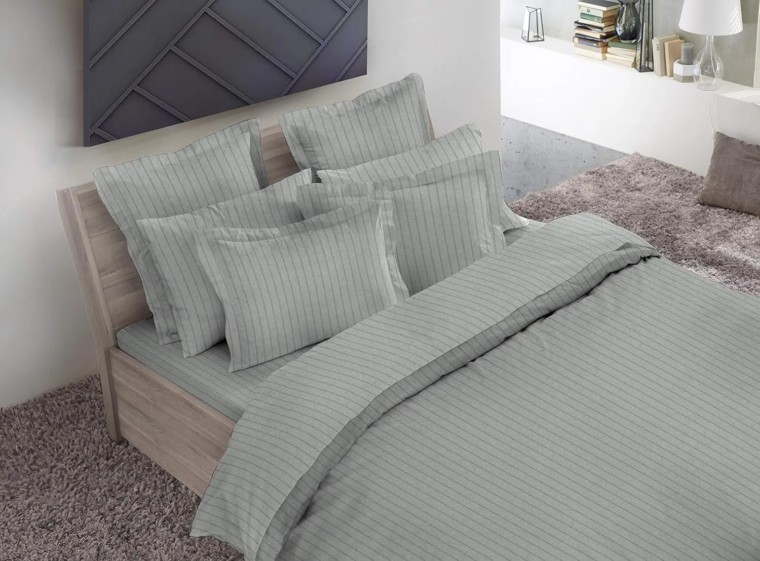Luxury German Flannel Sheets & Pillowcases Set, 4 Piece (Heather Grey Pinstripe, King)