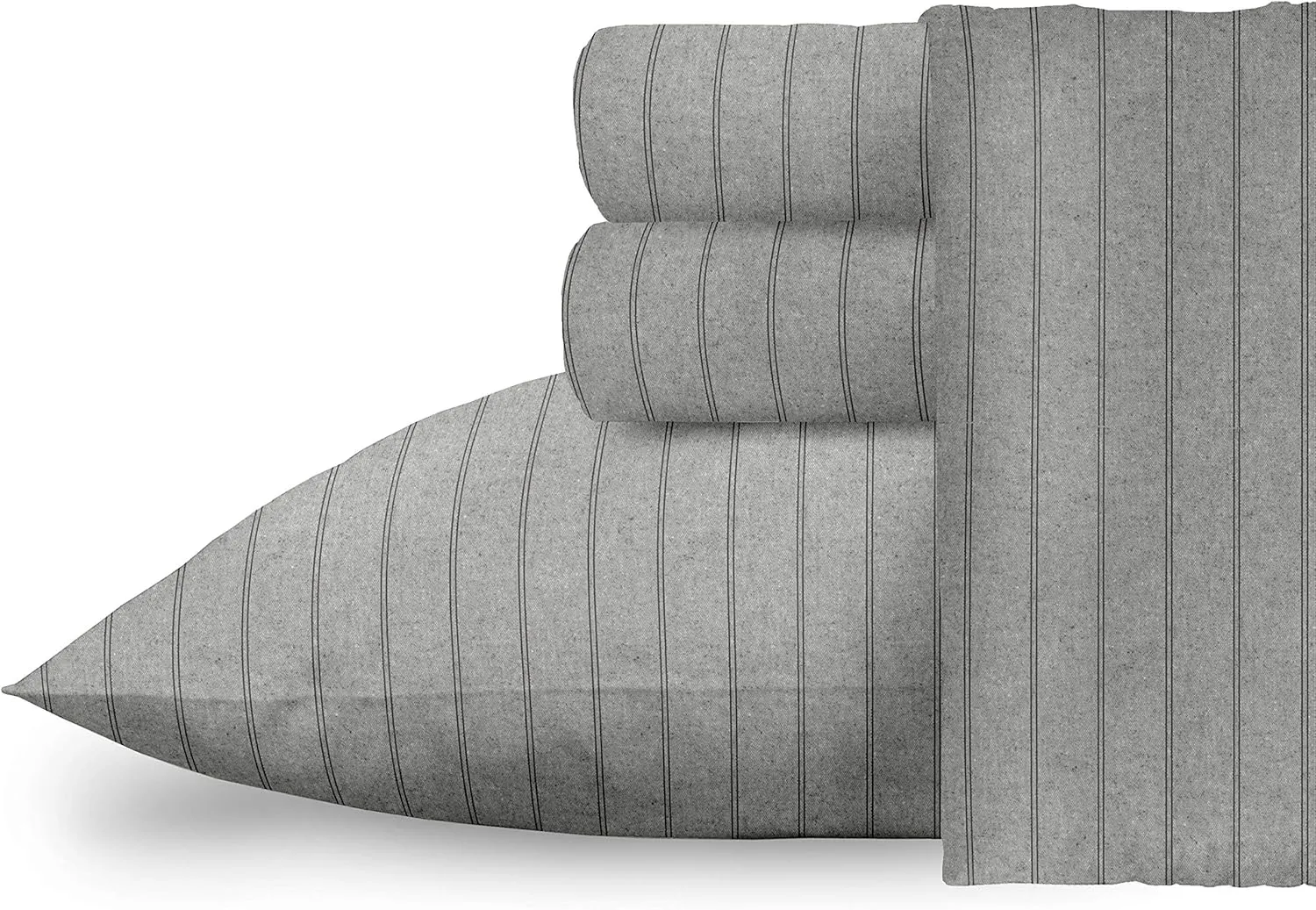 Luxury German Flannel Sheets & Pillowcases Set, 4 Piece (Heather Grey Pinstripe, King)