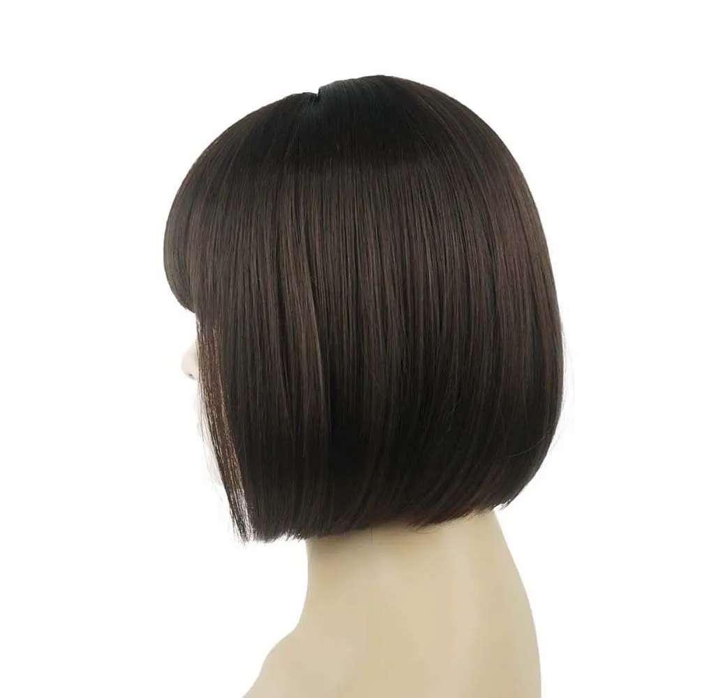 Lydell 8" Straight Short Bob Hair Flat Bangs Cute Central Dot Skin Top Heat Resistant Synthetic Wigs (6 Chestnut Brown)
