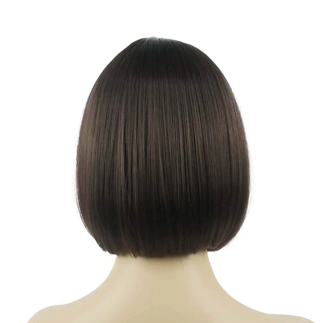 Lydell 8" Straight Short Bob Hair Flat Bangs Cute Central Dot Skin Top Heat Resistant Synthetic Wigs (6 Chestnut Brown)