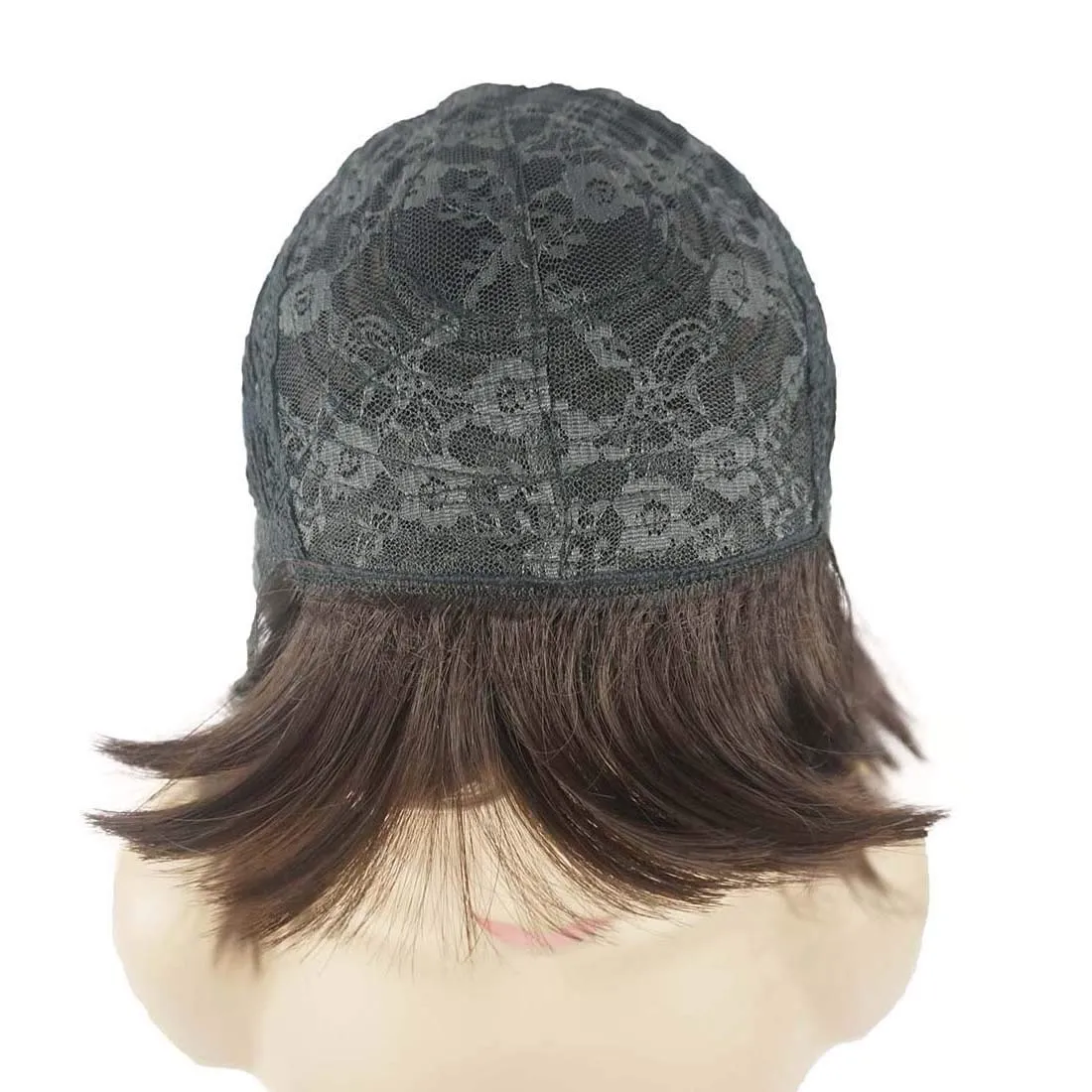 Lydell 8" Straight Short Bob Hair Flat Bangs Cute Central Dot Skin Top Heat Resistant Synthetic Wigs (6 Chestnut Brown)